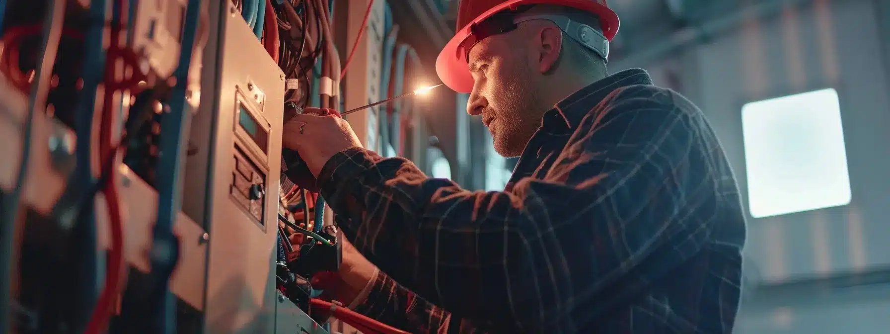 a team of electricians in hard hats working on a commercial electrical installation, ensuring safety and reliability.