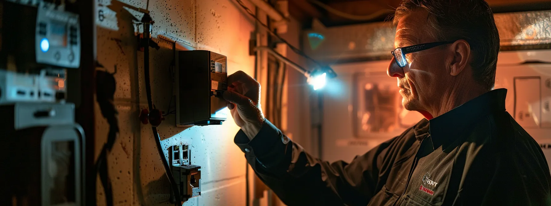 a homeowner inspecting their electrical panel with a flashlight, looking for signs of electrical problems to ensure safety and efficiency in their house.