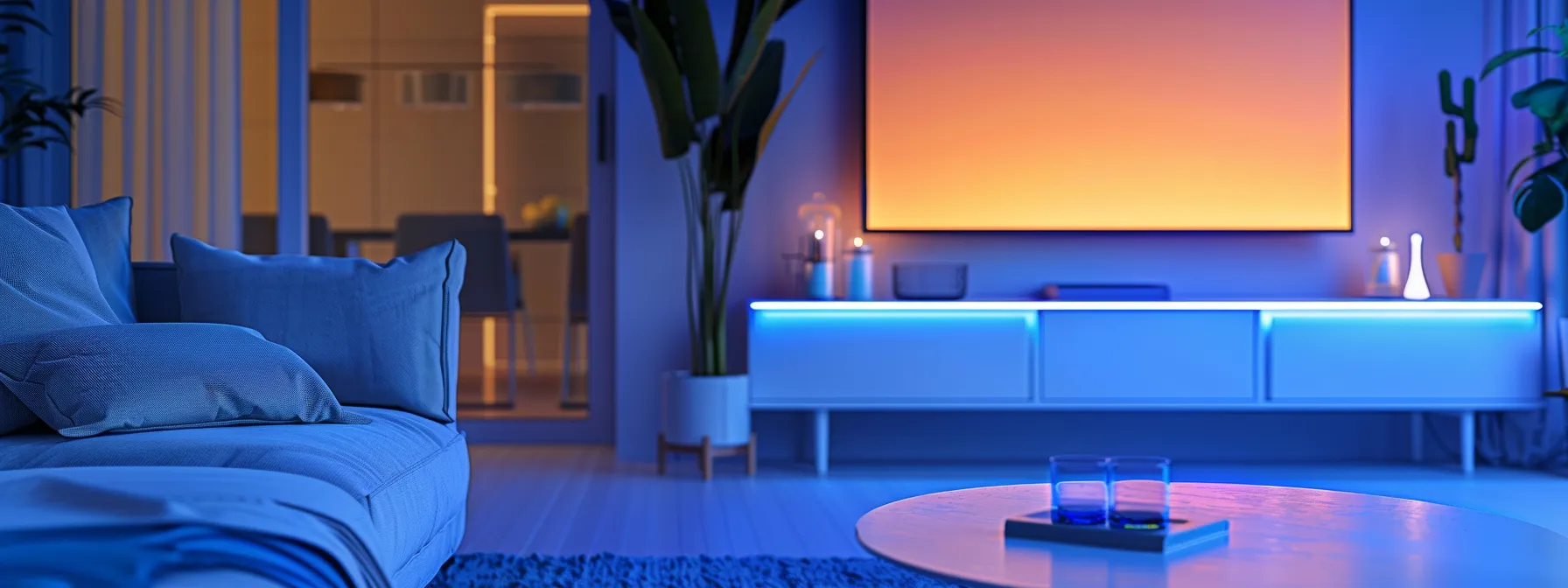 a modern living room bathed in bright, energy-efficient led lighting, showcasing smart home integration for automated energy management.