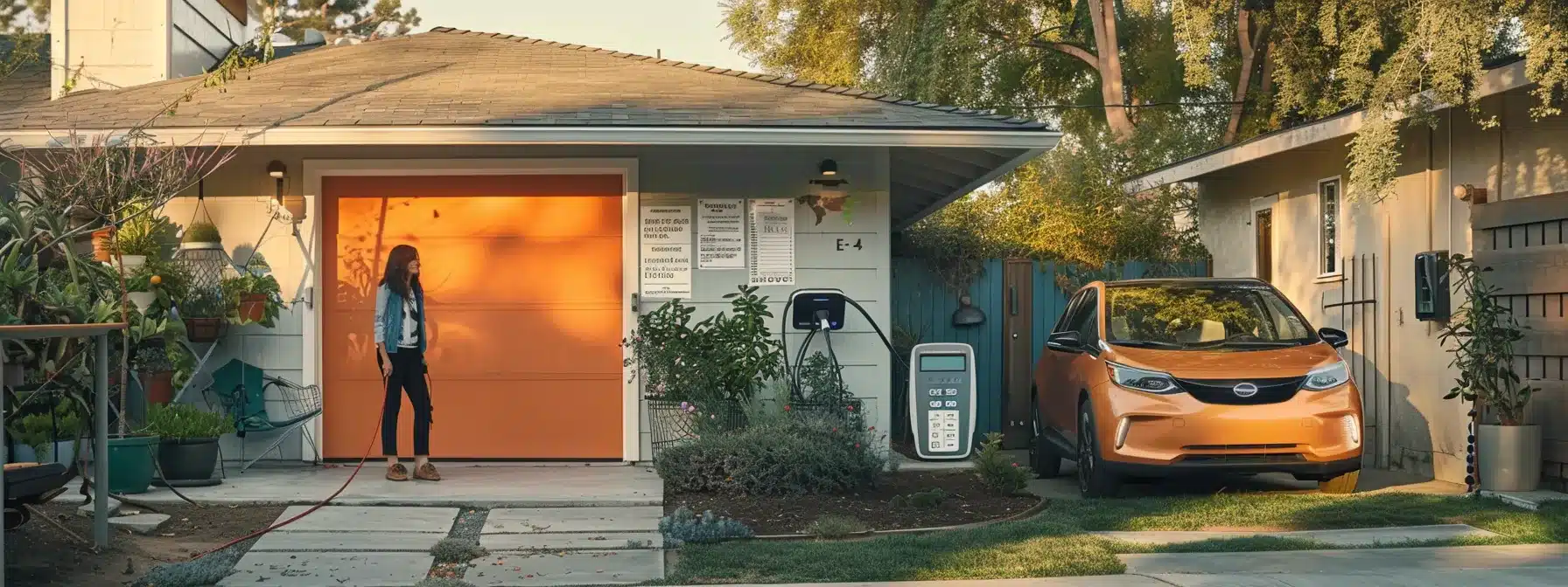 a homeowner standing next to an electric vehicle charging station, surrounded by government rebate forms, utility company brochures, and a calculator displaying long-term savings.