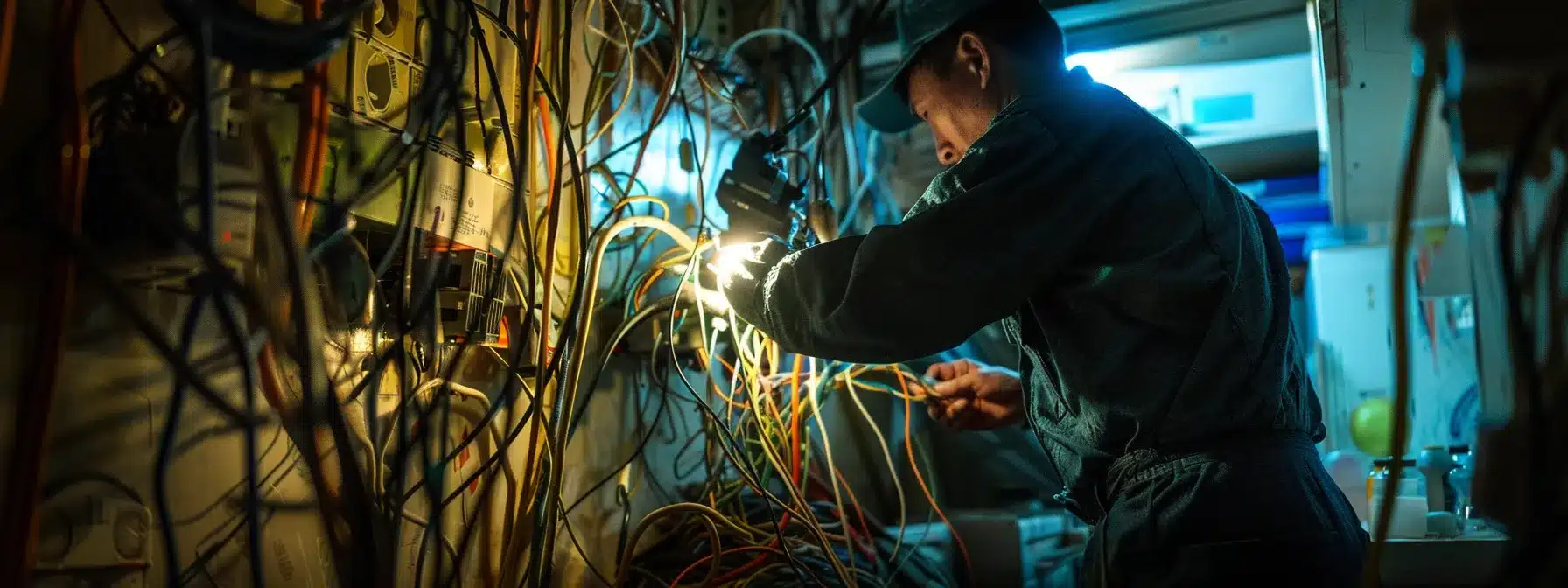 a skilled electrician carefully inspecting a tangled mess of faulty wiring in a dimly lit rutherford home.