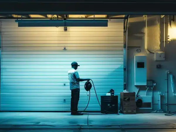 a technician installing a sleek, modern ev charging station in a well-lit garage.