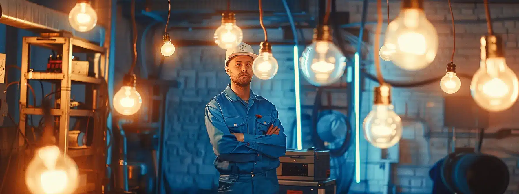 a skilled electrician in a bright blue uniform stands confidently in front of a toolbox, surrounded by glowing lightbulbs of various sizes.