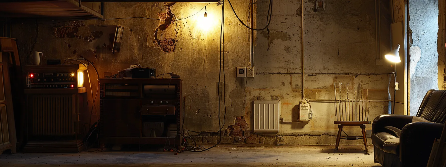 a dimly lit room with flickering lights and a tripped breaker, illustrating the need for timely electrical repairs.