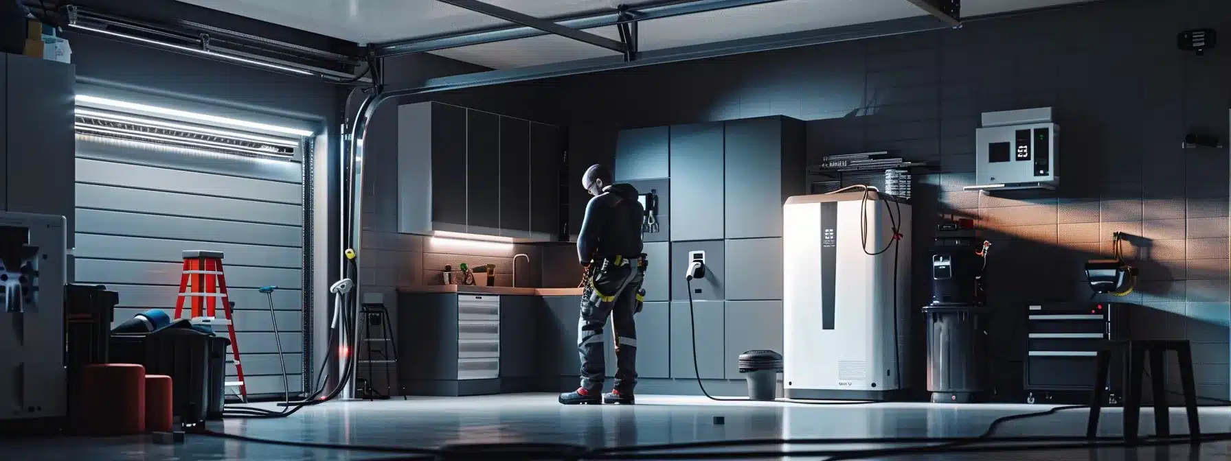 a professional electrician installing an ev charging station in a sleek, modern garage setting.