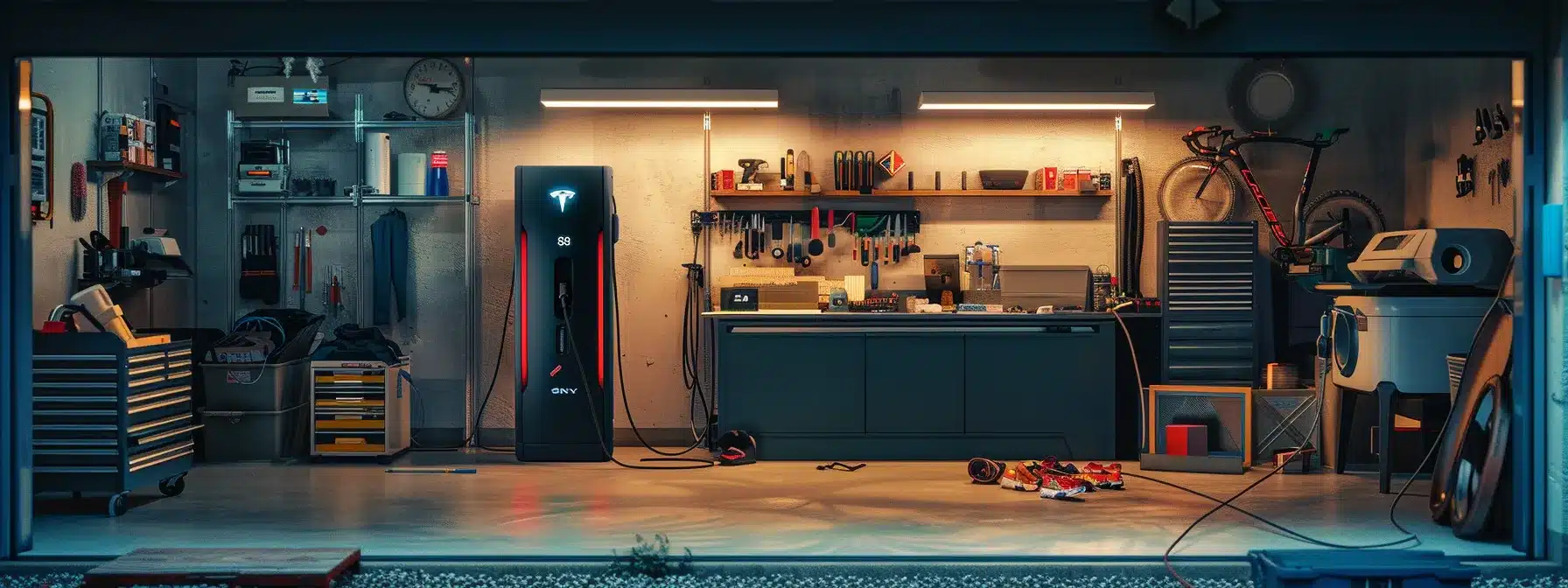 a technician securely mounts an ev charging station in a well-lit garage, surrounded by various tools and materials.