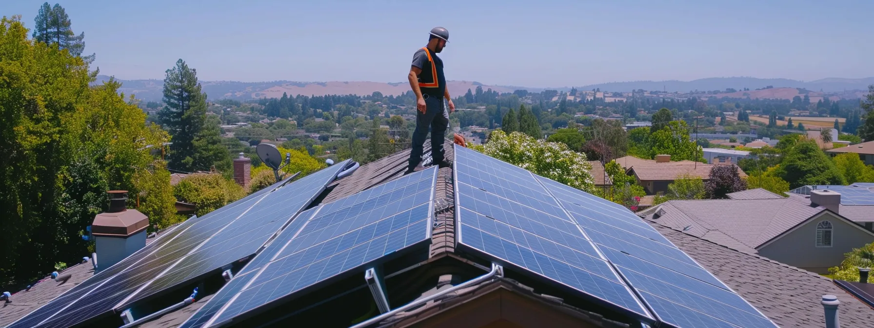 a professional electrician inspecting a solar panel installation on a residential rooftop.