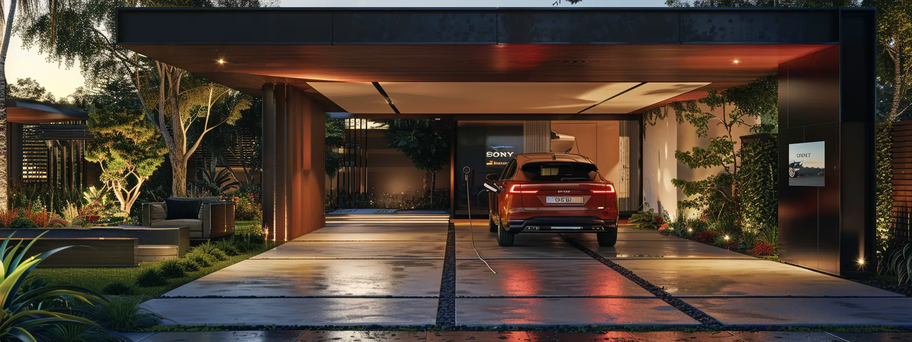 a modern electric vehicle charging station installed in a sleek, solar-powered home garage, showcasing the impact of sustainable energy on reducing charging costs.