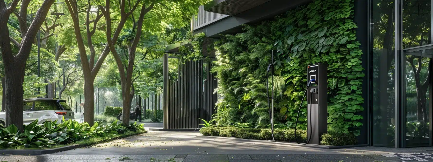 a sleek, modern electric vehicle charging station surrounded by greenery, showcasing a perfect blend of technology and sustainability for future readiness in business operations.