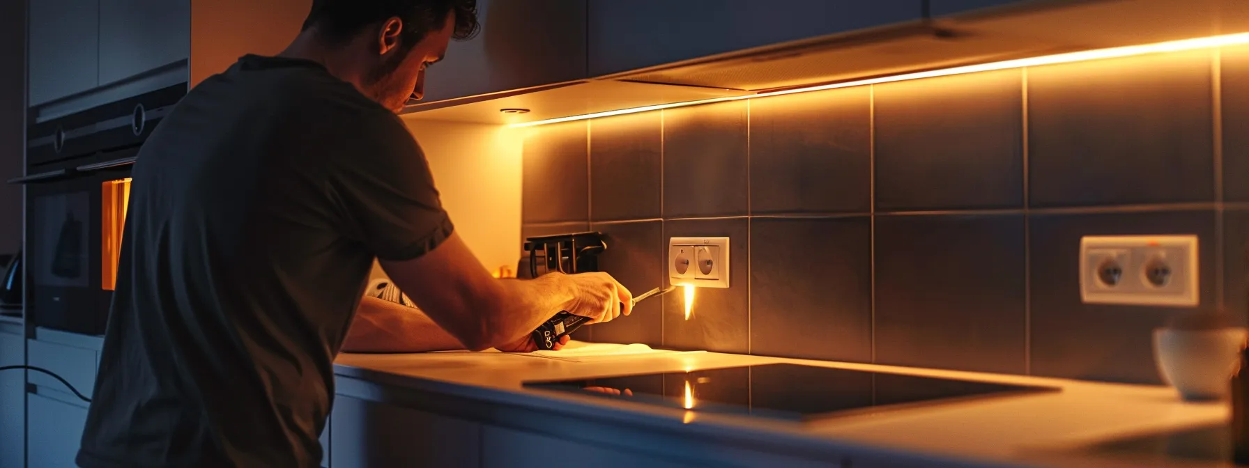 a skilled electrician installing a cost-effective electrical outlet in a modern kitchen.