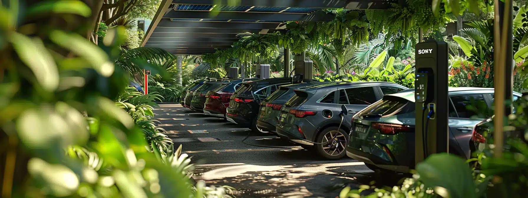 a bustling ev charging station filled with sleek, modern vehicles under solar panels, surrounded by lush greenery, with a digital display showing usage analytics, demonstrating a successful roi strategy.