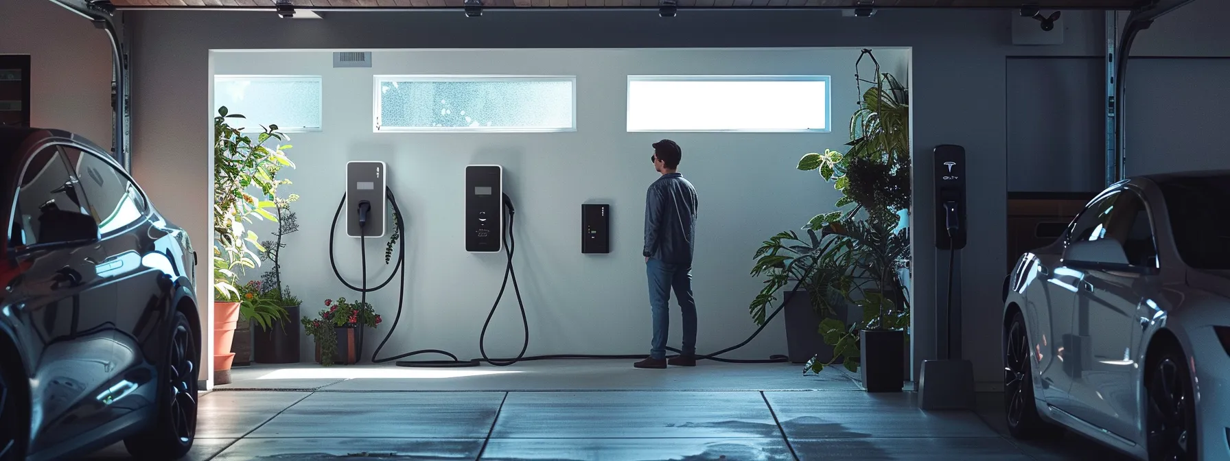 a homeowner stands beside two different ev chargers, one level 1 and the other level 2, comparing their features and compatibility for installation in their garage.