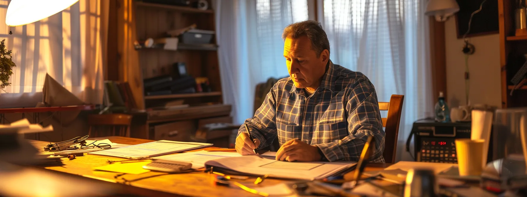 a homeowner sitting at a table with a checklist of questions, surrounded by electrical tools and wires, while interviewing a potential electrician.