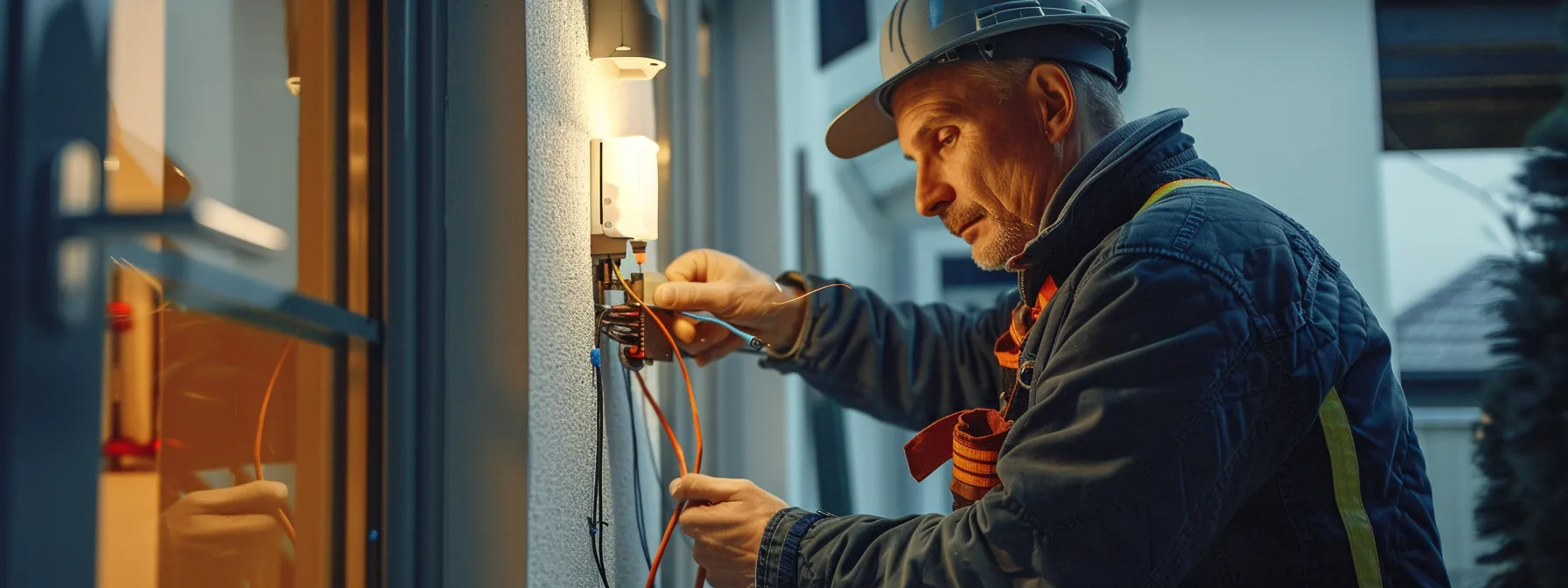 a skilled electrician working on a bright, well-lit residential electrical task in a modern home.