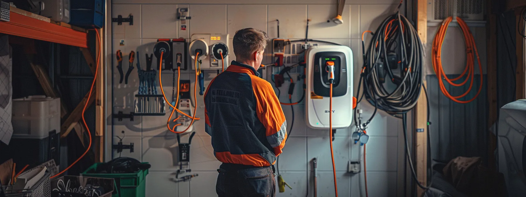 a skilled electrician carefully selecting the appropriate ev charger for a home installation, surrounded by tools and wires, ensuring a safe and efficient setup.