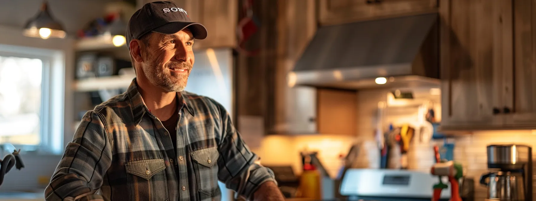 a professional electrician in a residential setting, surrounded by tools, with a satisfied homeowner looking on in the background.