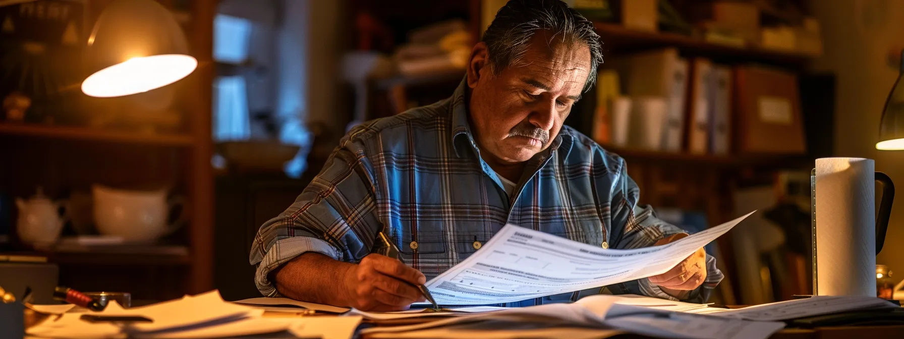 a homeowner carefully reviewing detailed estimates for residential electrical services with a focused expression, surrounded by paperwork and budgeting tools on a desk.