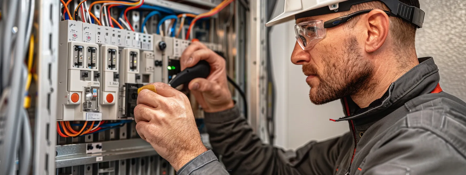 a professional electrician inspecting a home's electrical panel capacity, with a tesla wall connector visible in the background.