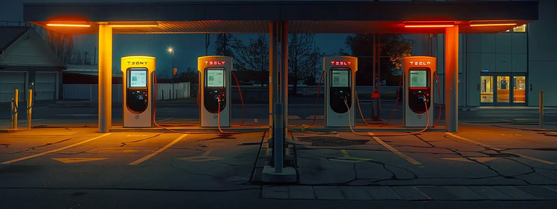 a photo of a sleek, modern electric vehicle charging station showcasing level 2 and dc fast chargers side by side.