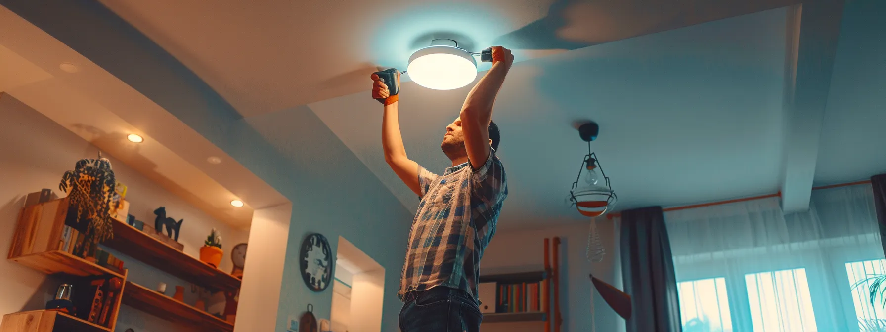 a skilled electrician installing a modern ceiling light fixture in a cozy living room.