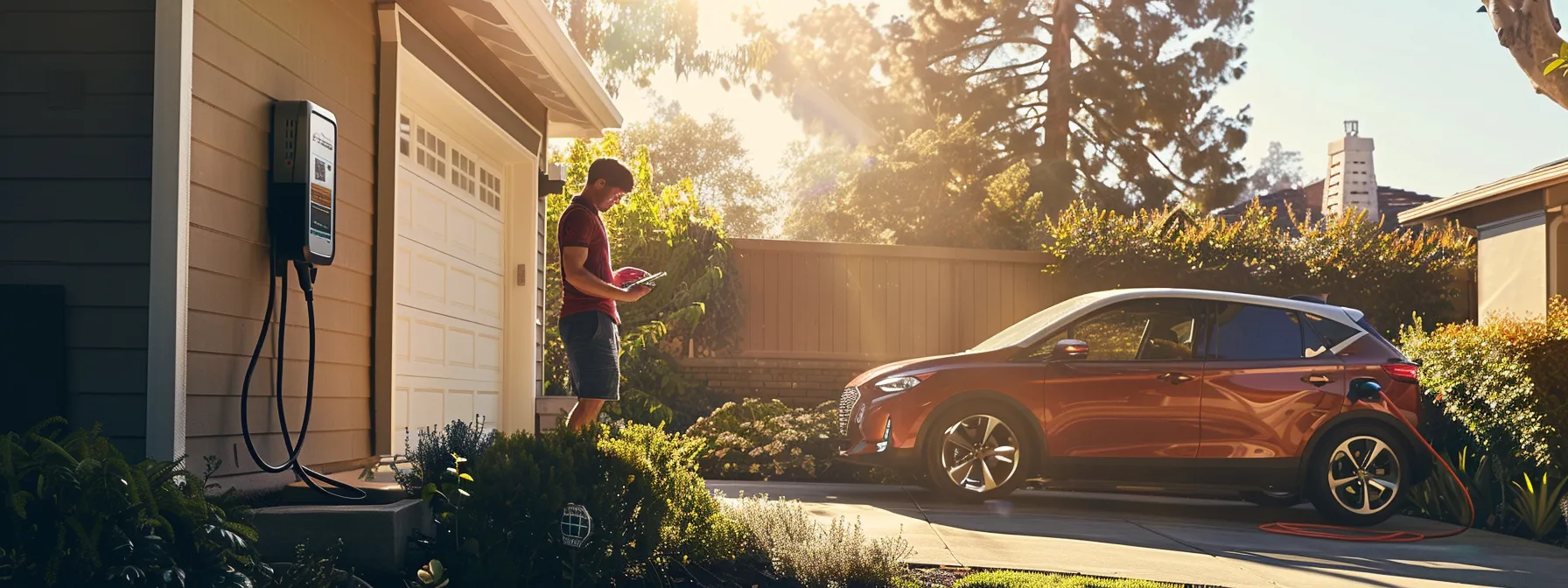 a homeowner carefully positioning an ev charger in an optimal location, with a calculator in hand, calculating potential long-term savings on a sunny day.