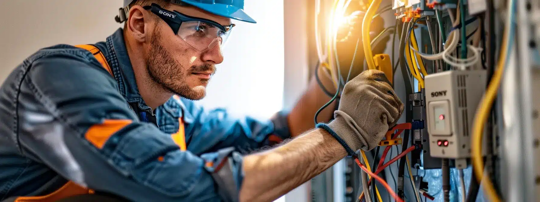 a licensed residential electrician expertly installing wiring in a modern home, ensuring safety and adherence to regulations.