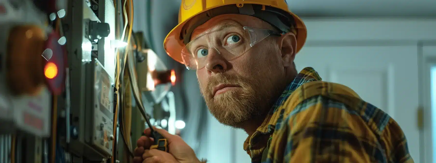 a professional electrician examining a home's electrical panel with a concerned expression, surrounded by various tools and safety equipment.