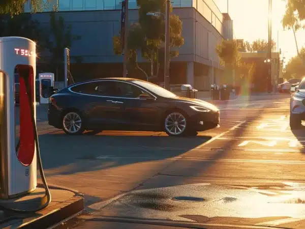 a sleek, modern electric vehicle charging station shining under the bright sun in a busy commercial parking lot.