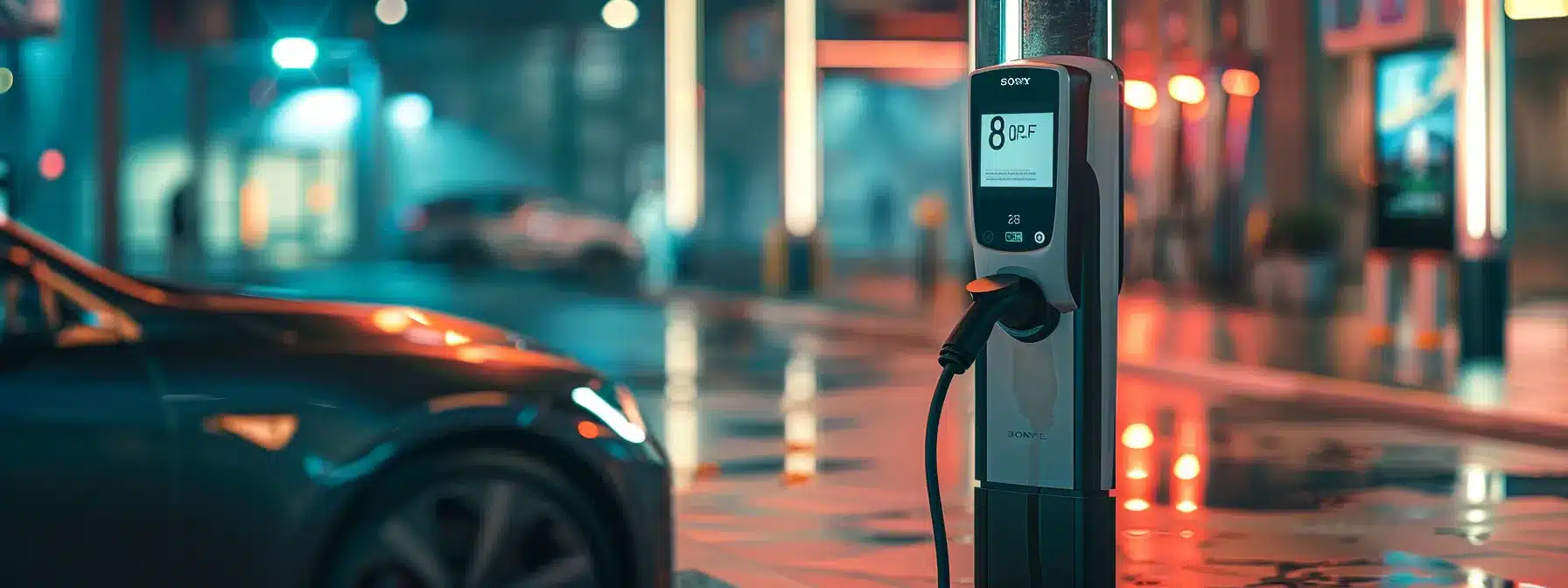 a sleek, interactive ev charging station displaying real-time charging status and offering user-friendly payment options with a helpful customer support representative nearby.