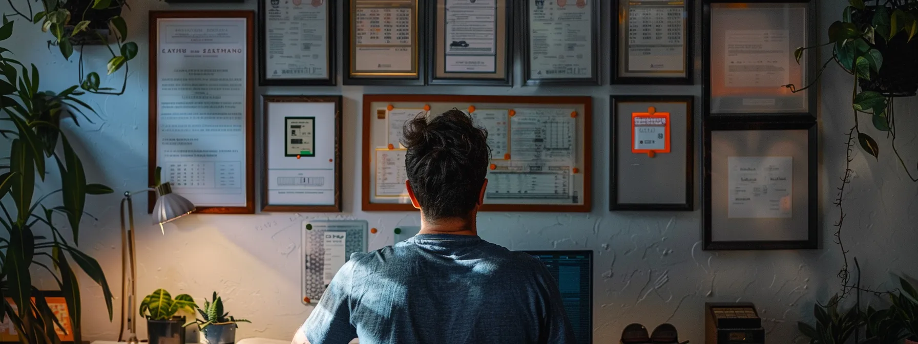 a homeowner examining a framed electrician's license and certifications displayed on a wall, surrounded by industry accreditations and insurance documentation.