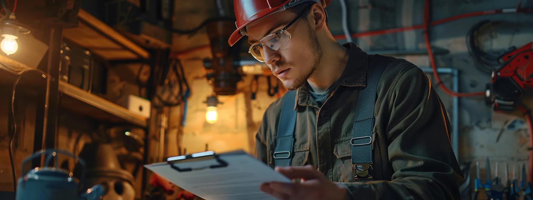 a focused electrician holding a clipboard with a detailed written quote, surrounded by tools and safety gear in a well-lit room.