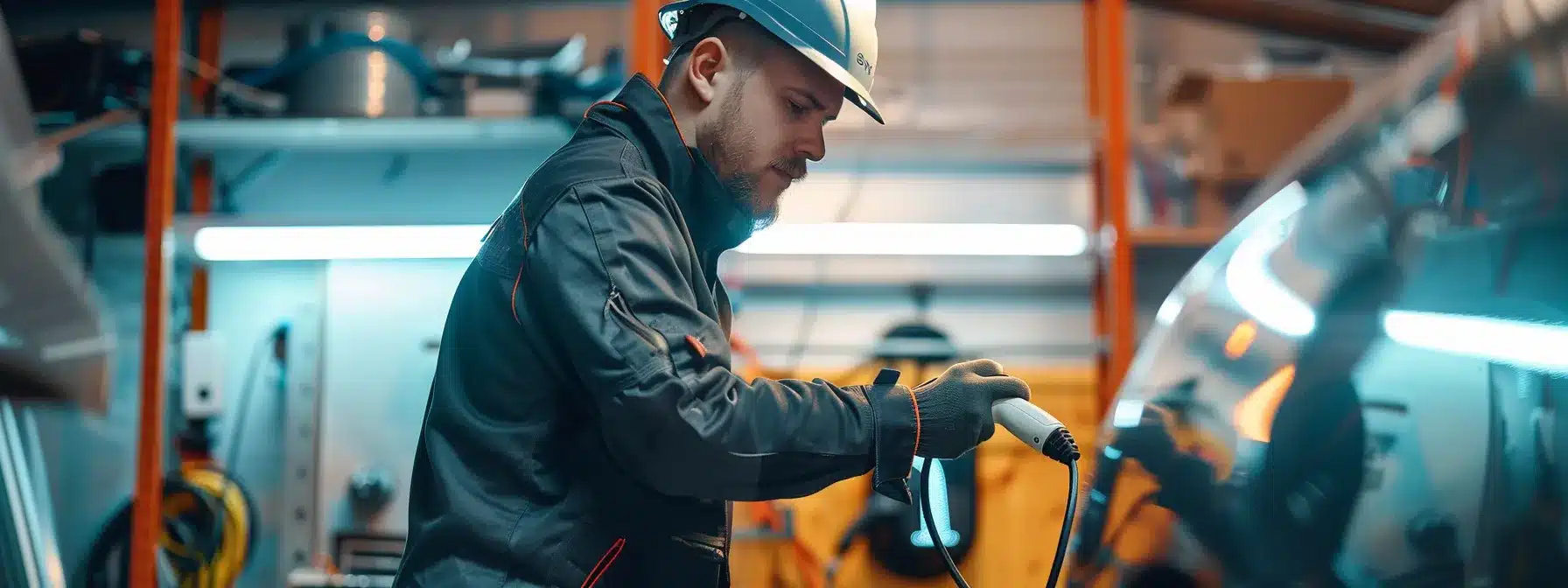 an electrician installing an ev charging station with meticulous precision and focus on safety measures in a well-lit garage.