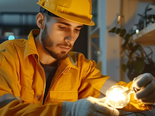 a skilled electrician in a bright yellow uniform carefully repairing a glowing light fixture in a cosy living room setting.