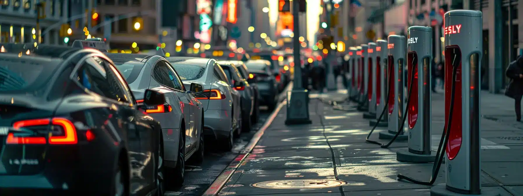 a row of sleek, modern commercial ev chargers lined up against a backdrop of a bustling city street, showcasing different connector types and charging speeds.