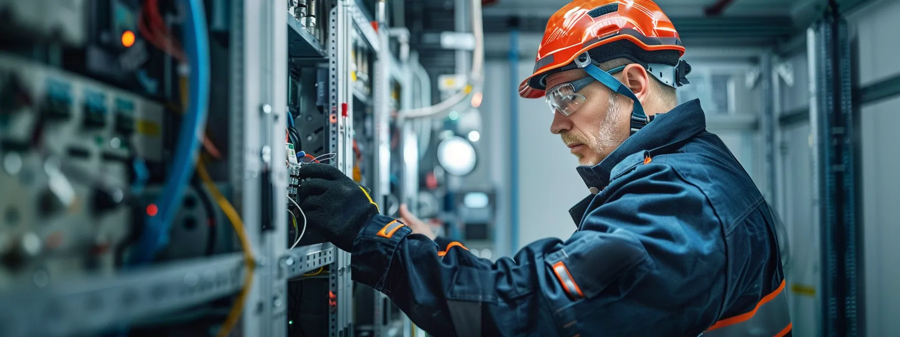 a skilled electrician wearing protective gear working on a complex electrical panel in a well-lit, organized workspace.