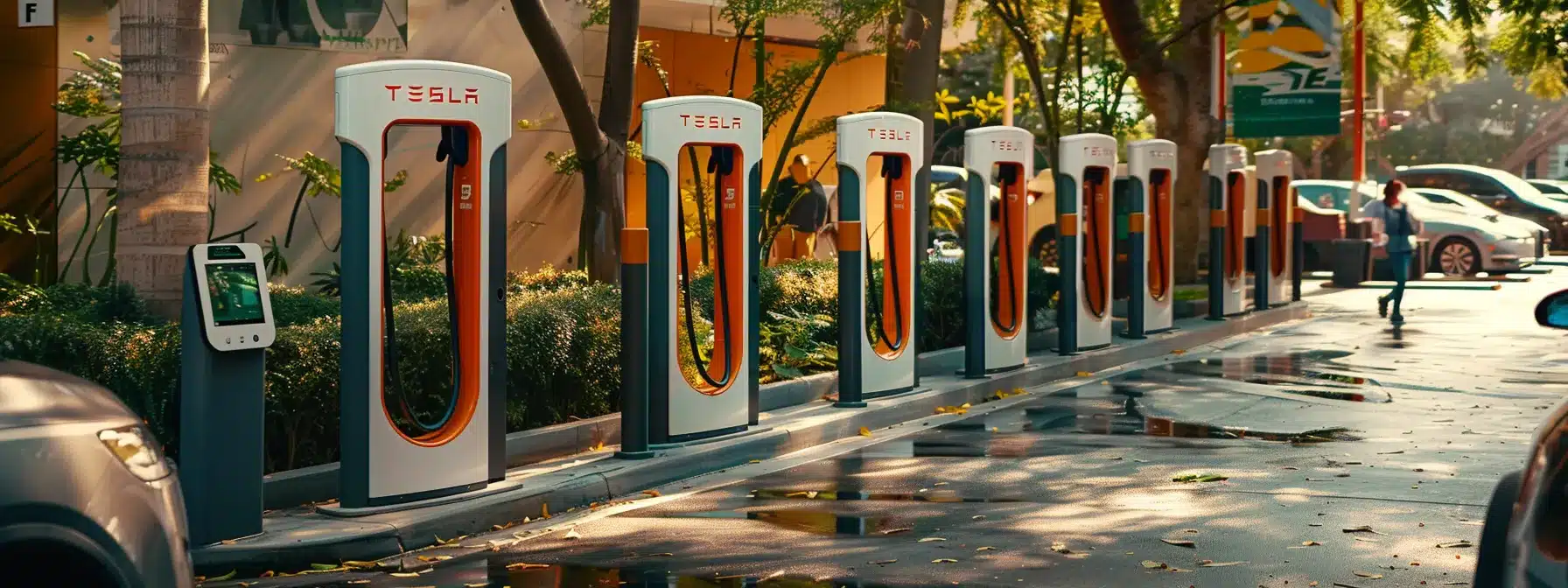 a row of sleek, branded ev charging stations with integrated card readers and maintenance tools, surrounded by diverse customers happily plugging in their vehicles.